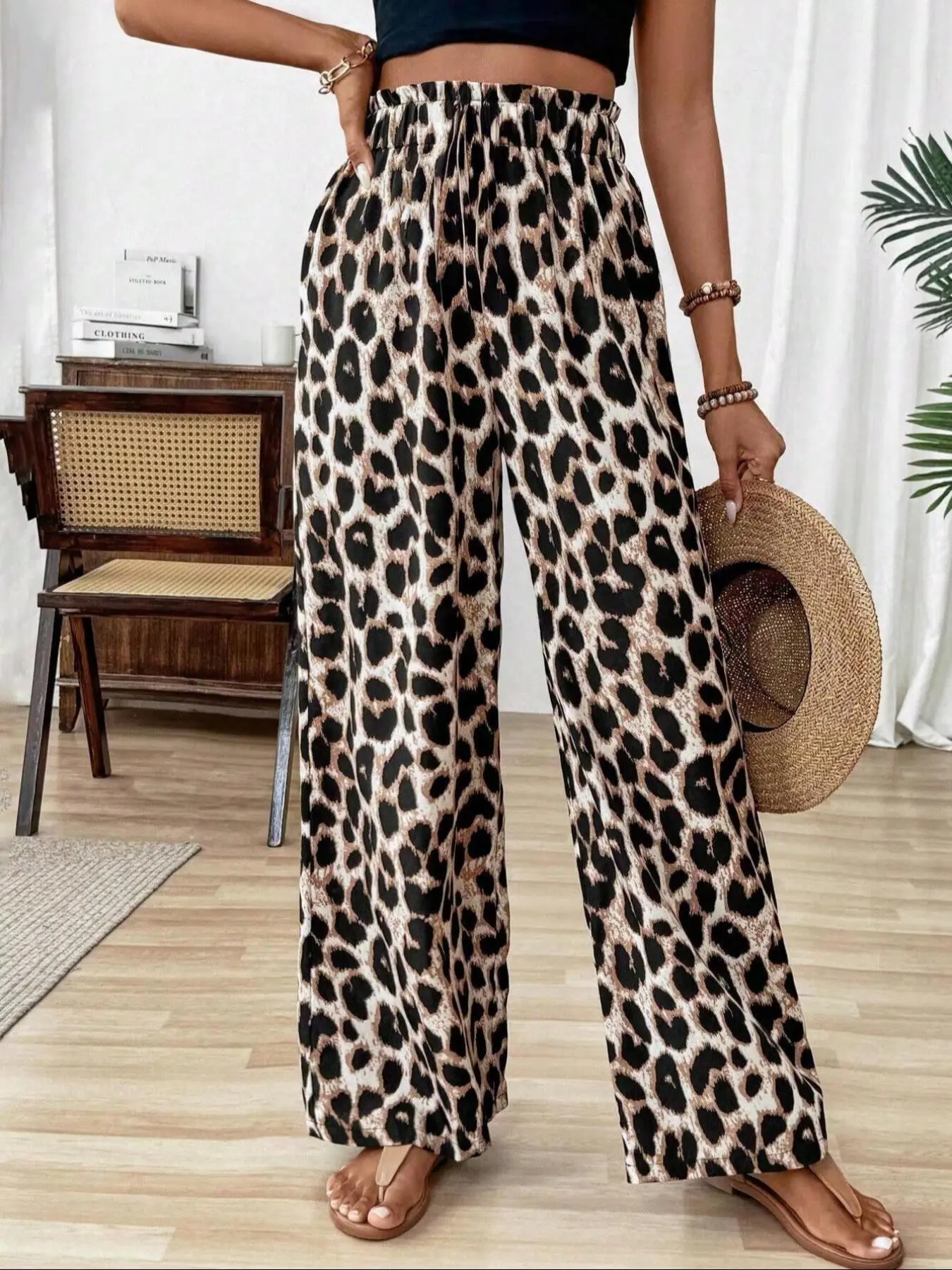 Women's Leopard Print Elastic Waist Wide Leg Bohemian Style Pants, Casual Comfy Boho Fashion Trousers for Daily Wear, Ladies Bottoms for All Seasons, Boho Festival Trousers