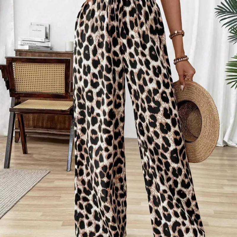 Women's Leopard Print Elastic Waist Wide Leg, Casual Comfy Boho Fashion Trousers for Daily Wear, Ladies Bottoms for All Seasons, Boho Festival Trousers, Boho Chic Trousers
