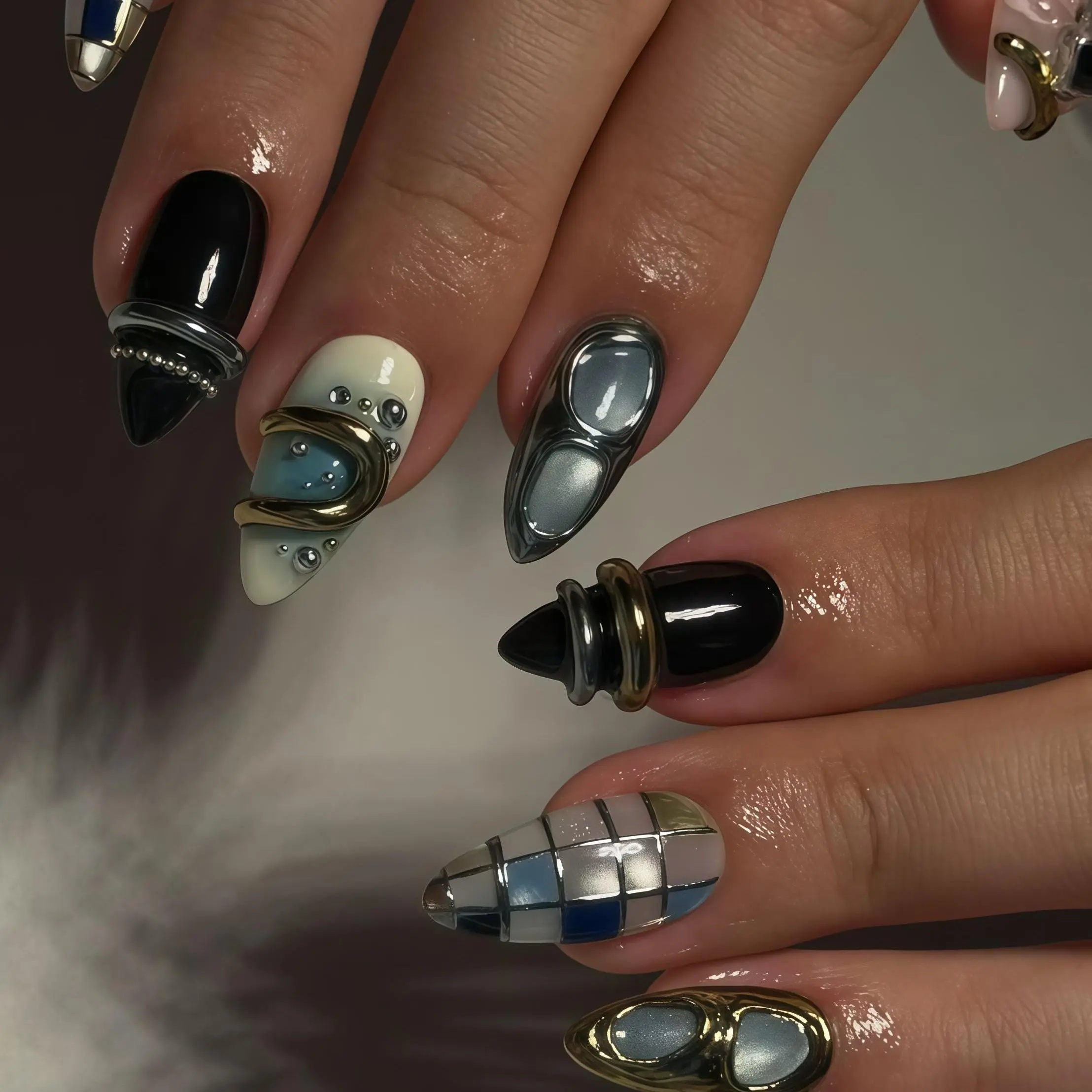 Futuristic Press on Nails, 3D Metal & Geometric Grid, Stiletto Shape, Avant-Garde Hand-Painted Manicure, Reusable Acrylic Set