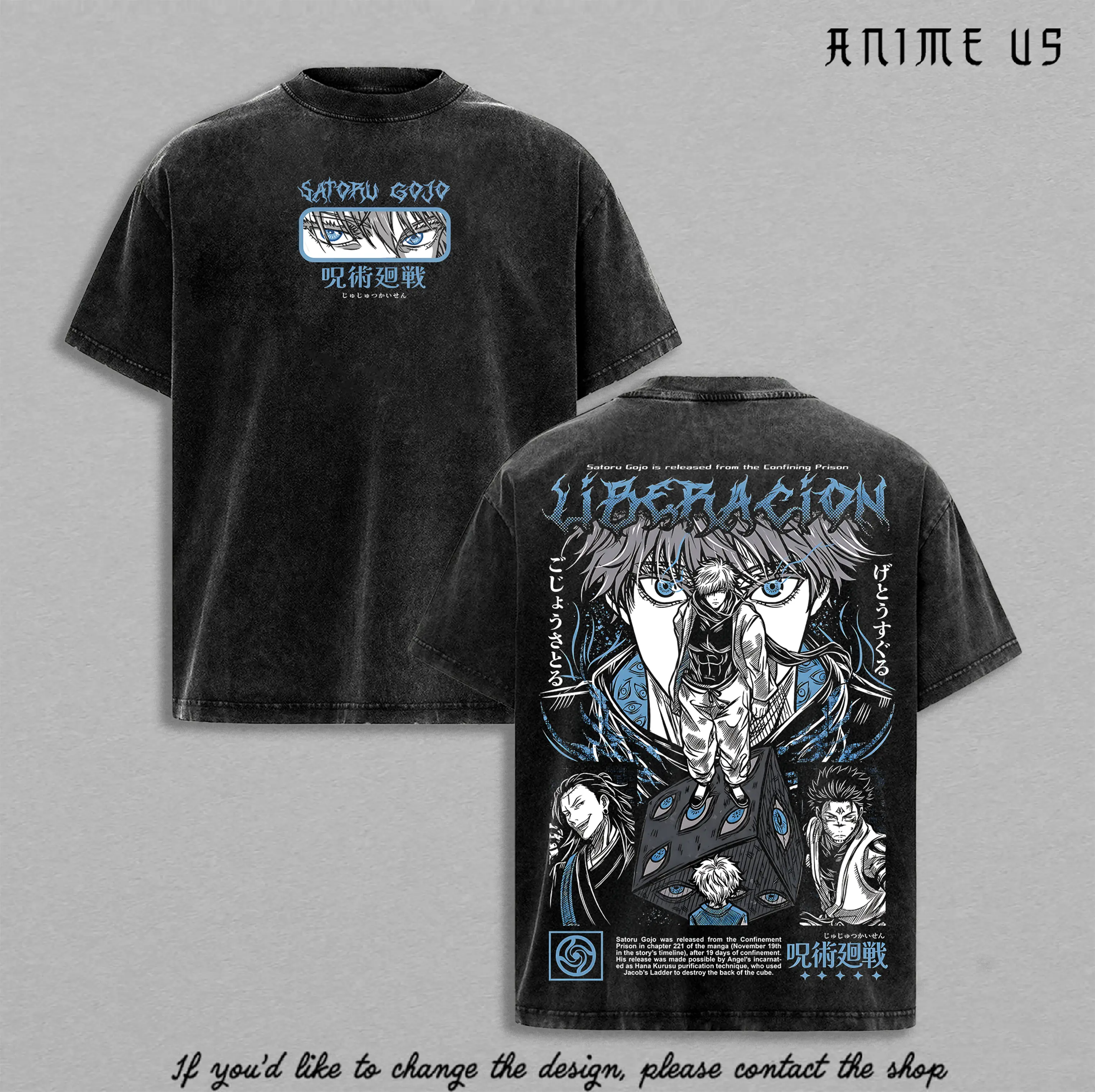 Jujutsu Kaisen Satoru Gojo Suguru Geto Ryomen Sukuna Anime Shirt Vintage Washed Oversized Tee Blue Graphic Back Print Heavy Cotton Streetwear Manga Gift