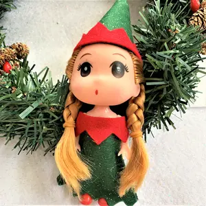 Green Toddler Elf Figure with Light Braids, Christmas Elf, Holiday Elf