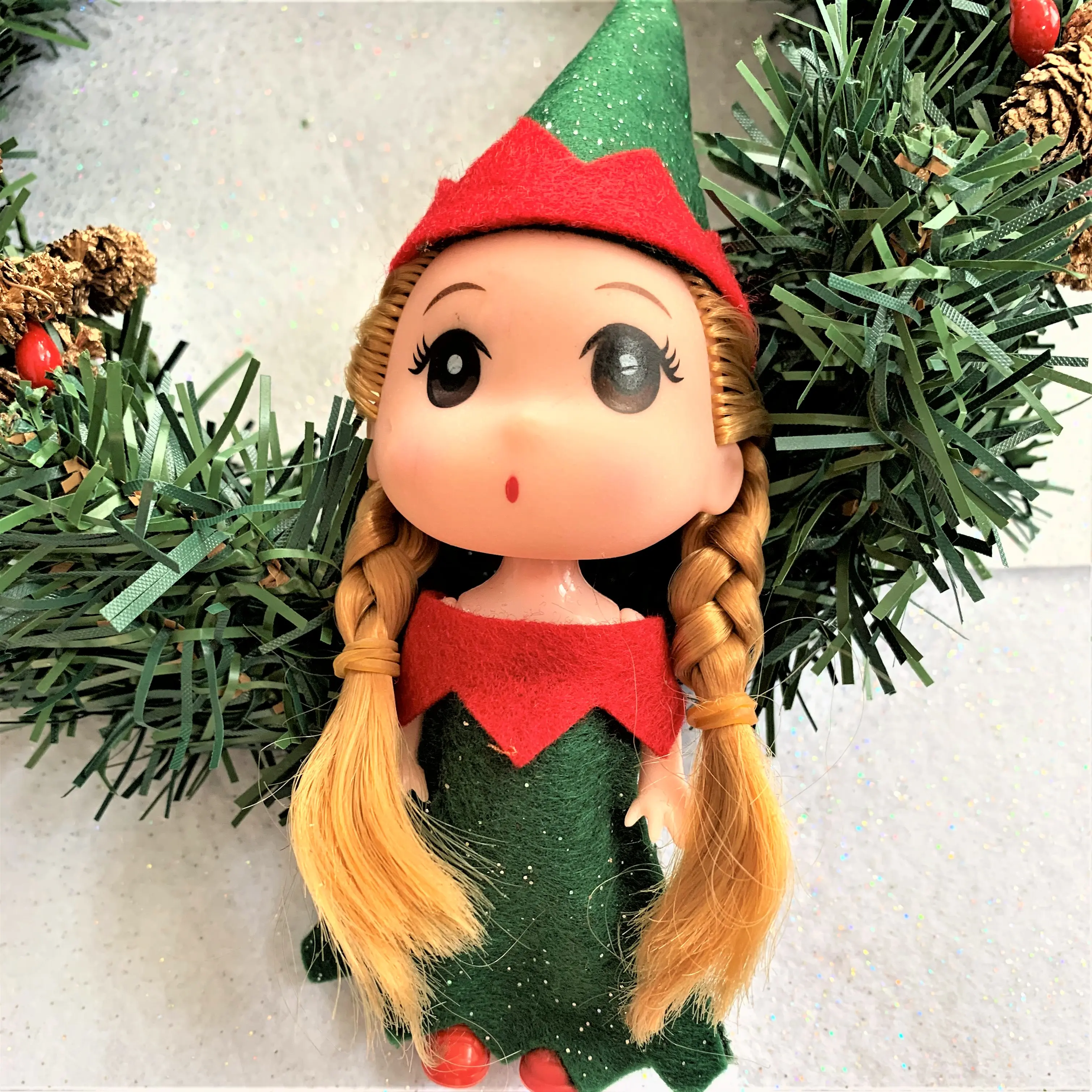 Green Toddler Elf Figure with Light Braids, Christmas Elf, Holiday Elf