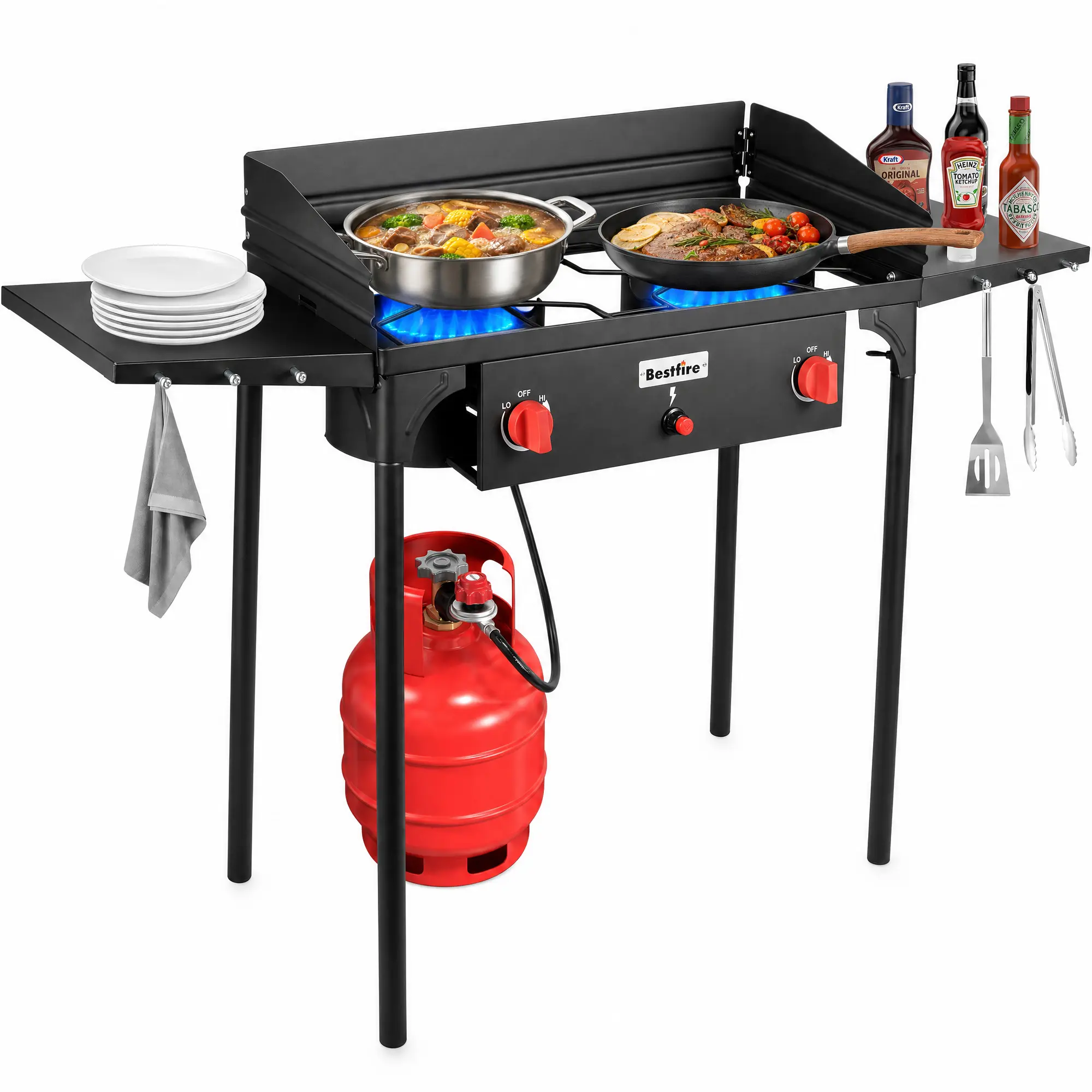 BESTFIRE 150KBTU 2 Burner Propane Camp Stove – Heavy-Duty Outdoor Stove with Removable Legs Side Shelves & Regulator – Perfect for Camping, Backyard Grilling & Turkey Frying picnic barbecue ignition gas cooking brewing patio