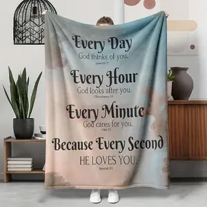 Christian Print Flannel Throw Blanket - "Every Day God Thinks Of You" Bible Verse Cloud Sky Pattern, Soft Cozy Warm Nap Blanket for Couch Bedroom, Christian Gift for Believers, Christmas Birthday Present, Christian Print Throws