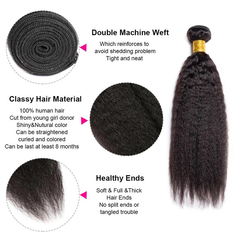 Msgem Hair Yaki Straight Hair Bundles 3PCS 100% Human Hair 12A Grade Natural Color Sew In Bundles Quick Weaves Easy to Install