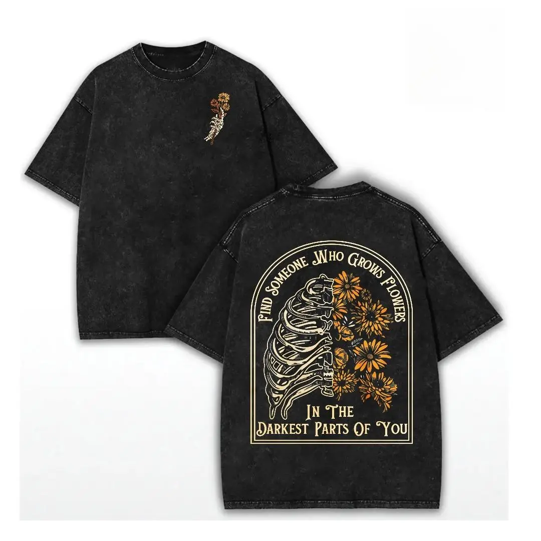 Menswear Short-Sleeve Round Neck Casual Streetwear T-Shirt - "Find Someone Who Grows Flowers In The Darkest Parts" Design, Inspirational, Skeleton Print, Best Friend Gift