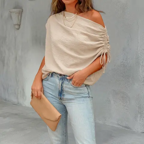 CHICME Women's Skew Neck Drawstring Sleeve Loose Fit Casual Top