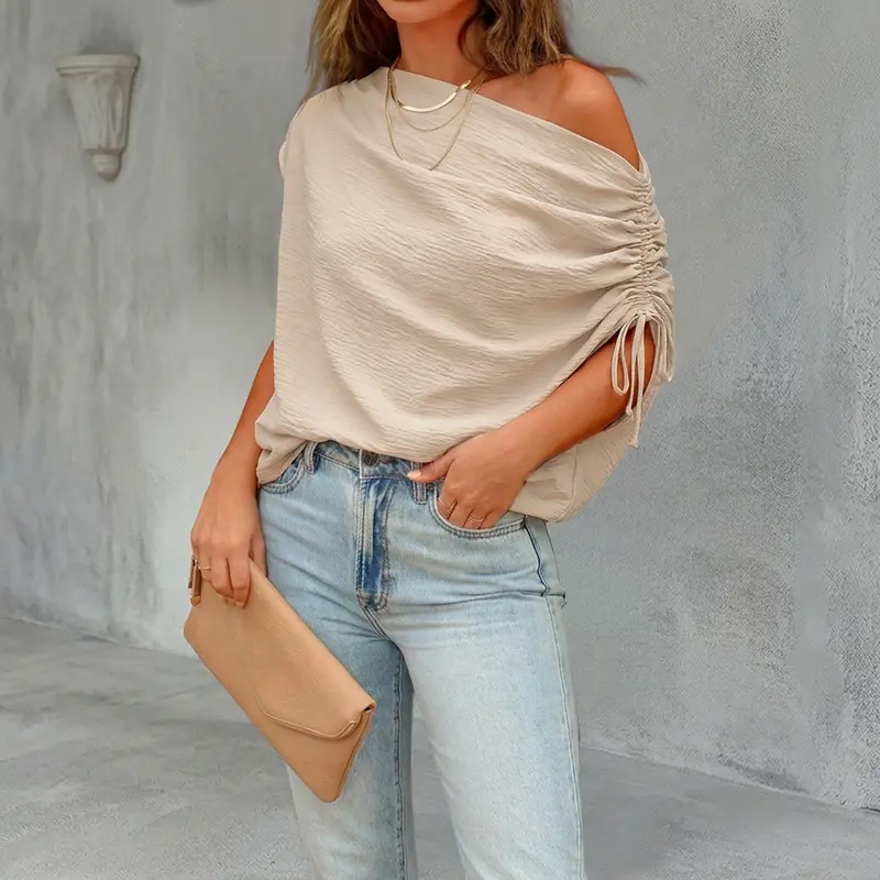 CHICME Women's Skew Neck Drawstring Sleeve Loose Fit Casual Top