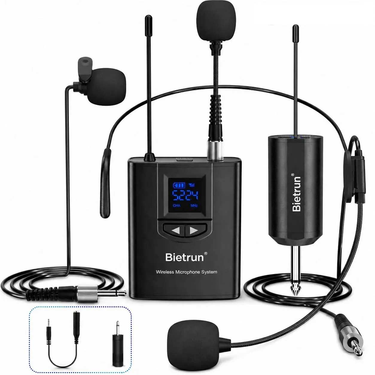 Bietrun UHF Wireless Lavalier Lapel Microphone System - Handheld/Headset/Stand Mics, 165ft Cover Range, Rechargeable Transmitter-Receiver, 1/4" Audio Output, Adjustable Cable, Adapter, for Smartphone, Digital Camera, iPad, USB Type-C Device