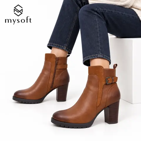 Mysoft Women's Black PU Leather Chunky Block Heel Ankle Boots - Buckle Strap, Platform, Non-Slip, Side Zip Chelsea Booties for Fall Winter Fashion | Black-Pu Footwear, Heels, Shoes for Women
