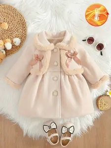 Girls' clothing, Baby Clothes Girl, plush style, girls' plush collar waist jacket, bow decoration+pearl texture buttons+plush cuffs, baby girl birthday gift, suitable for daily wear in autumn and winter kindergartens, Fuzzy Jacket