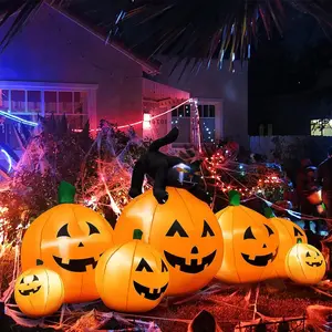 Halloween Inflatable Decoration 8 FT Long Inflatable 7 Pumpkins Patch Lanterns with Black Cat with Build-in LEDs Blow Up Inflatables for Thanksgiving Party Outdoor Garden Lawn Yard Deco