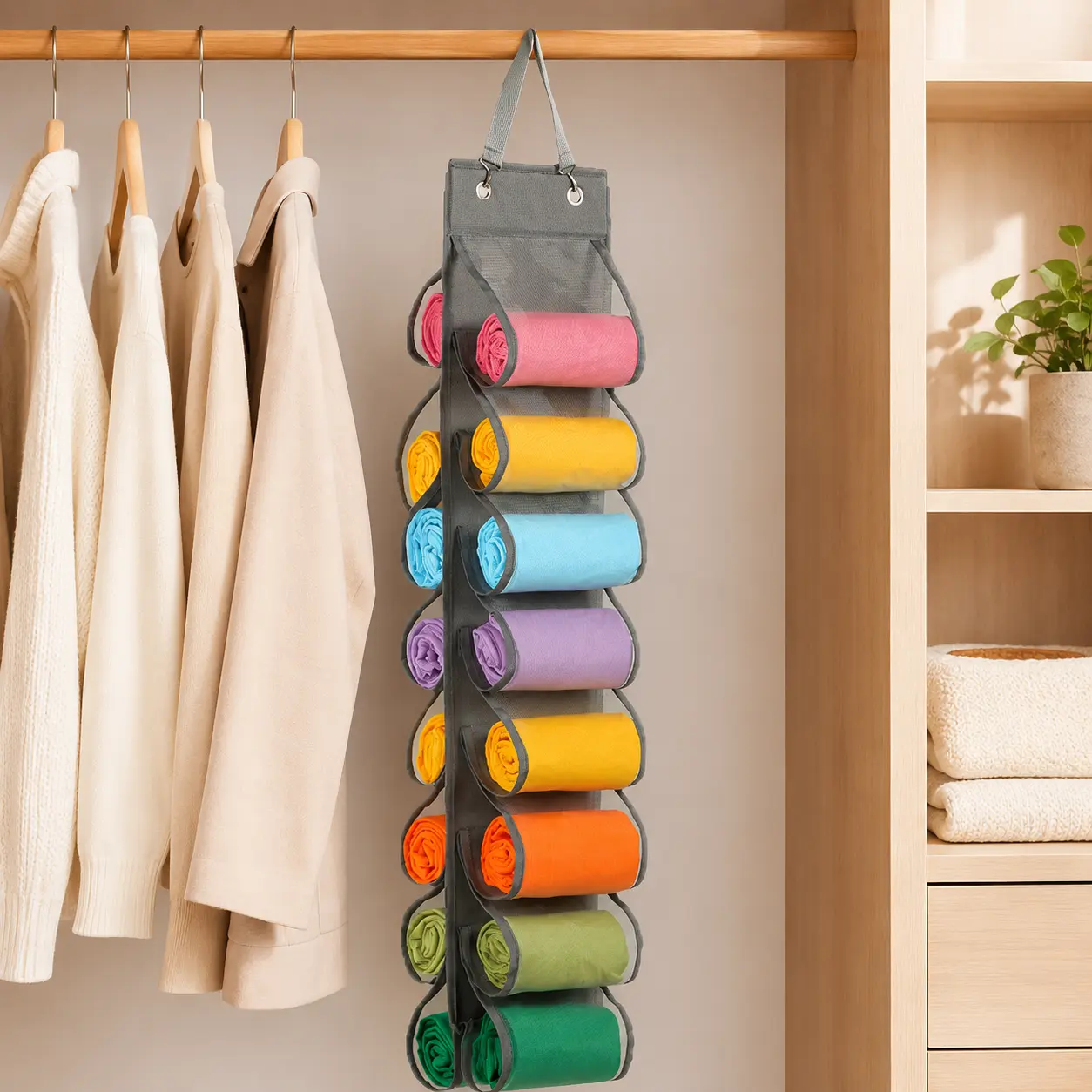 16-Pocket Hanging Closet Organizer, Double-Sided Clothes Storage Bag with Clear Compartments for Leggings, Yoga Pants, Shirts, Scarves and Accessories