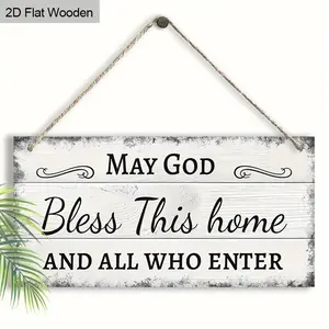 Wooden Hanging Sign, Hanging Plaque, Signage, Welcome Sign, 1 Count Bless This Home and All Who Enter Pattern Hanging Decor, Hanging Ornament for Home Garden Room, Home Decoration Supplies