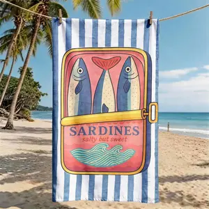 "Blue and White Striped Sardine Can" Beach Towel | Oversized, Quick Dry, Ultra-Soft Polyester | Multi-use for Travel, Swimming, Camping, Fitness | Perfect Choice for Beach Vacations | Machine Washable | 2D Flat | Best Gift for Friends and Family.