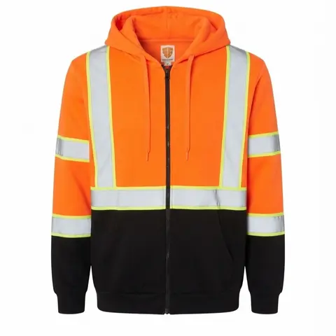 Unisex Hi-Vis Orange Full-Zip Hooded Safety Wear Sweater - 50/50 Cotton Blend, Reflective Tape, High-Visibility Work Safety Top for Construction, Road Work