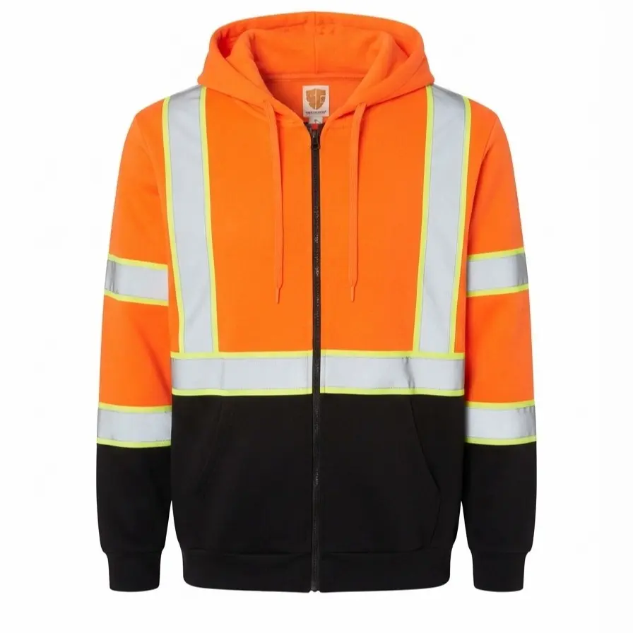 Hi-Vis Orange Zip-Up Hooded Sweater with Reflective Tape, 50/50 Cotton Blend, Work Safety Top for Construction Road Work