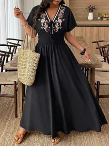 Plus Size Women's V Neck Tie Front Short Sleeve Dress, Casual Wear, Elastic Waist Embroidered Flower Design, Spring Summer Vacation Wear