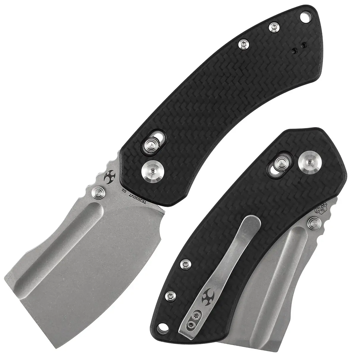 Kansept Korvid V TE2030V7 Folding Knife – 2.91" Stonewashed D2 Cleaver Crossbar Lock Knife - Twill Carbon Fiber & G10 Handle, Koch Tools Design - Utility Knife for Cutting, Slicing & Chopping - Portable Pocket Knife for Outdoor & Home