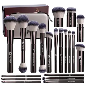 BS-MALL 20 PCS Professional Makeup Brush Set with Bag, Double-ended Kabuki Brush Foundation Contour Brush Eyeshadow Brushes for Liquid Powder Concealer Eye Shadows Cream Cosmetics Blending Blush Face Makeup Tools with Case (Coffee)