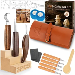 Wood Carving Kit, 23pcs Wood Carving Tools with PVC Storage Bag, Wood Whittling Kit with 4pcs Templates & Users Guide for Beginners