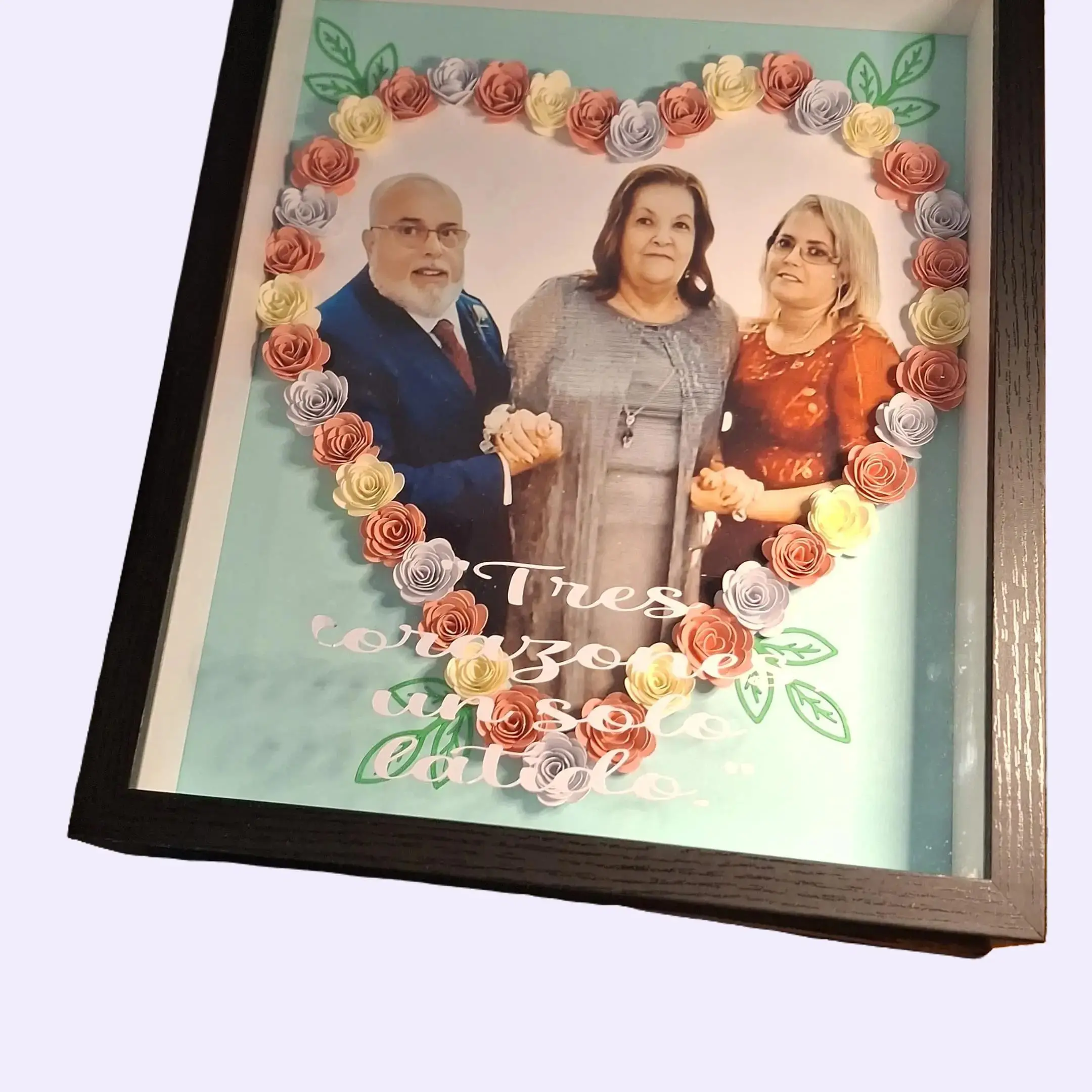 Custom Shadow Box Modern Design with Floral Border and Personalized Text Tres Unidos