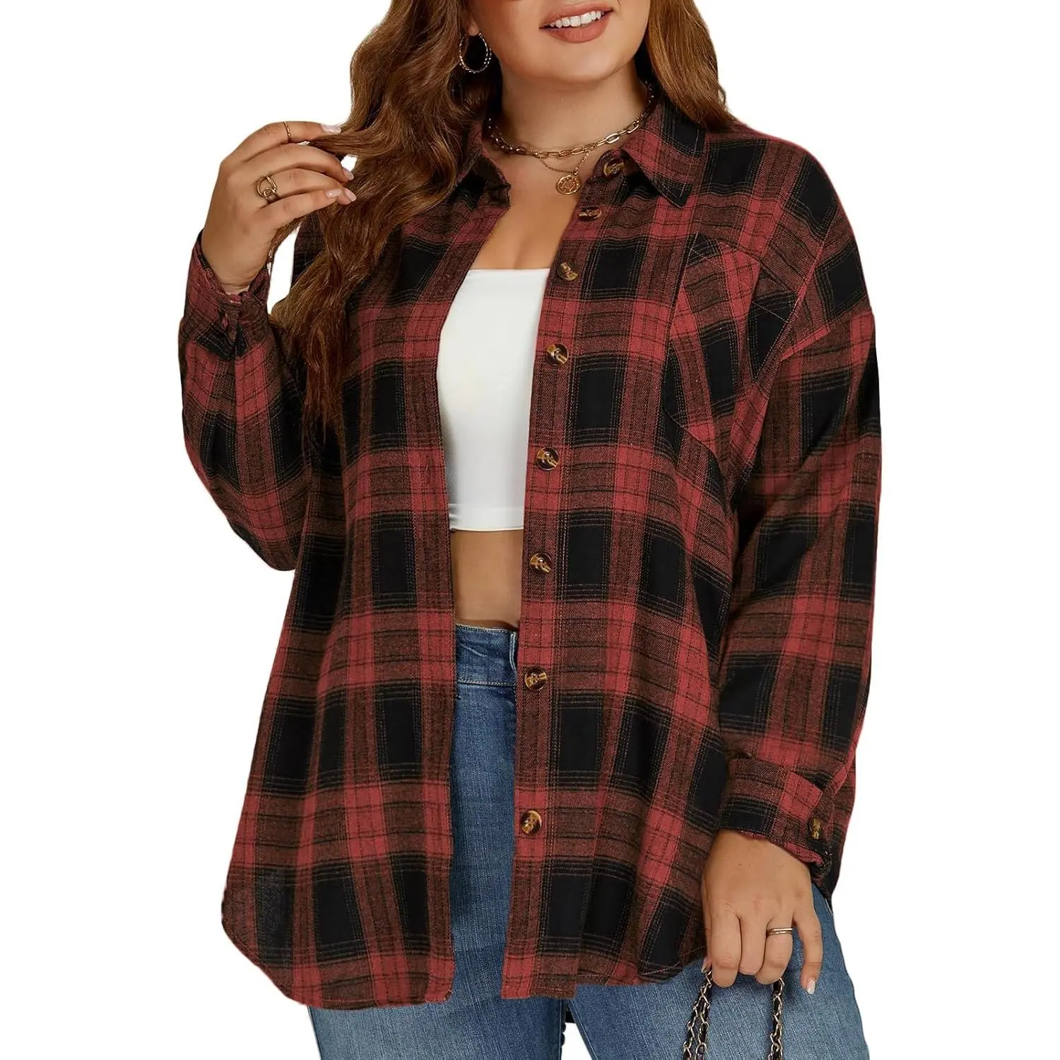Women's Plus-Size Comfy Cute Check Shacket, Long Sleeve Collared Button-Down Flannel Top with Pocket, Casual Tunic Blouse for XL-5XL, VPS0174, Longsleeves, Loose