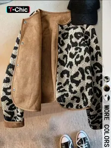 Women's Leopard Print Loose-Fit Casual Warm Coat, Autumn Winter Thick Fabric Jacket, Stylish Ladies Outerwear for Daily Wear, Casual Fashionable Jacket