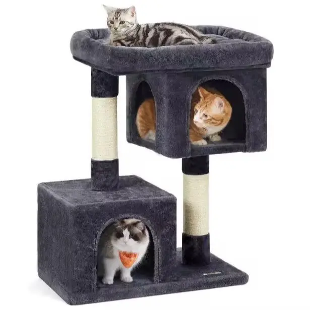 Square Style Cat Tree Climber with Sisal Scratching Posts, Synthetic Kitten Tower, 2 Basket-Shaped Hammocks, 2 Roomy Condos