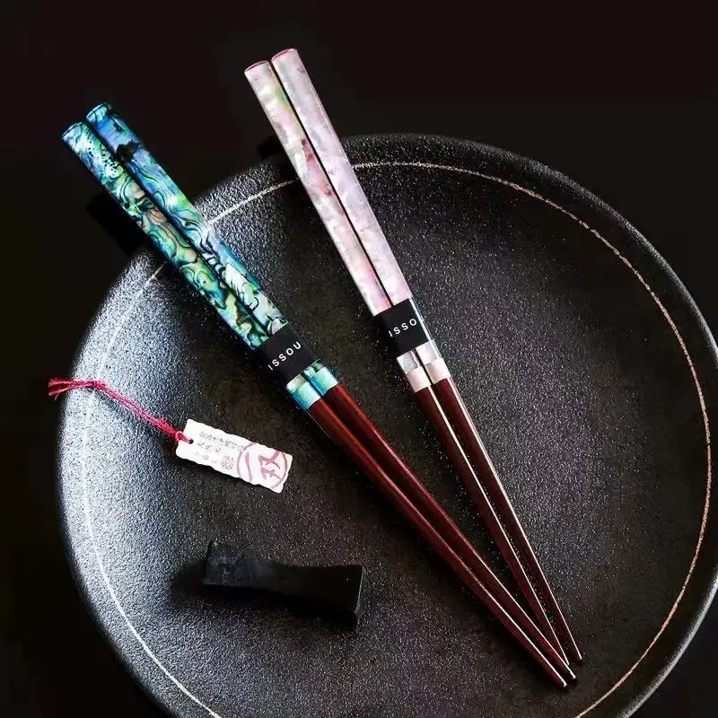 Premium Lacquer Wood Chopsticks with Paua Shell Inlay - Collectible Traditional Cutlery, Art Tableware for Display & Daily Use