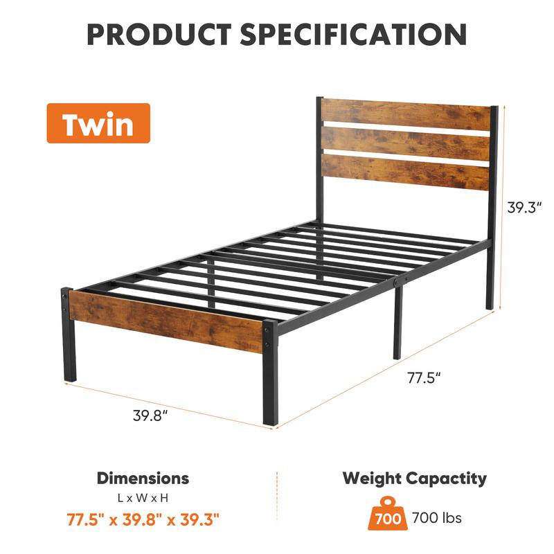 Metal Platform Bed Frame "Twin/Full/Queen"Mattress Foundation with Headboard and and Footboard, No Box Spring Needed with 800LBS Room Sturdy Wooden Slats Support