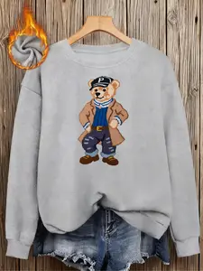 Women's Fall Winter Round Neck Faux Fur Top, Cool Bear Print, Soft Warm Casual Daily Wear, Long Sleeve Graphic Sweater