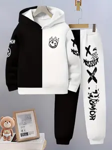 Boys Fashion 3D Print Casual Hoodie, Spring Fall Long Sleeve Sports Sweatshirt, Boys Outdoor Set, Fitted Geometric Style, Sweatpants, Hoodies