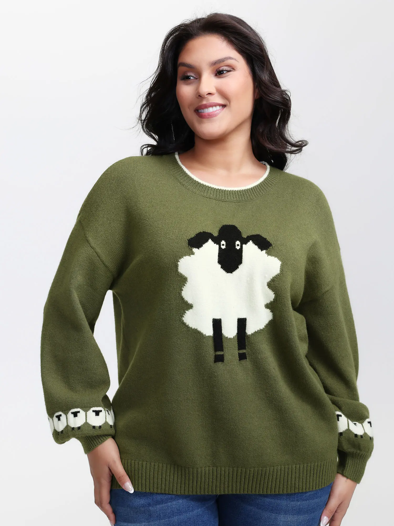 【 Oversized】 Bloomchic Sheep Pattern Balloon Sleeve Pullover Casual Loose Fit Long Sleeve Round Neck Winter Moss Sweatshirts for Women - Womenswear Crewneck Tops