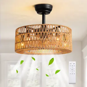 Low Profile Ceiling Fans with Lights,17.7“ Handmade Rope Farmhouse Ceiling Fan with Lights，Remote Control, 6 Speed Reversible Dimmable, Atmosphere Lighting Ambient Decoration Lamp, Excellent Gifts for Christmas New Year