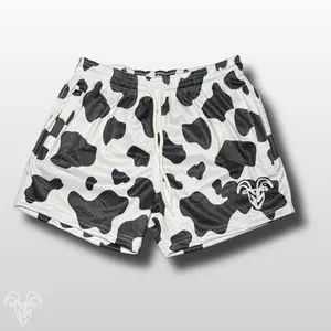 Goat Strength 5” Inseam Mesh Shorts – Black & White Cow Print – Athletic Workout Shorts with Zipper Pockets