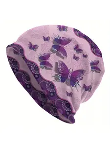 Men' Purple Mandala Beanie Hat with Butterfly & - Funky Cap Suitable for Skiing,, Winter & Summer Outdoor Activities - Thin Warm Skull Cap for Casual Wear, Festivals, and Daily Use