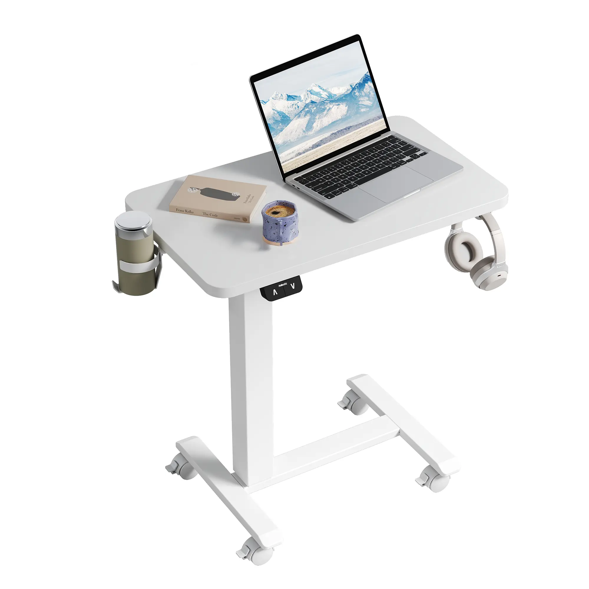 Electric Mobile Standing Desk with Wheels, 26.8" x 15.7" Adjustable Rolling Desk with Cup Holder & Hook, Space-Saving Sit Stand Portable Desk for Home Office, Bedside, and Couch Use Computer Working Desk Ergonomic Desk