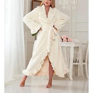 Fall & Winter Fitted Flannel Long Sleeved Robe with Ruffle Hem, Cozy Warmth and Elegant Style, Thick and Soft Layered Bathrobe Womenswear GownsCan be used with raincoat