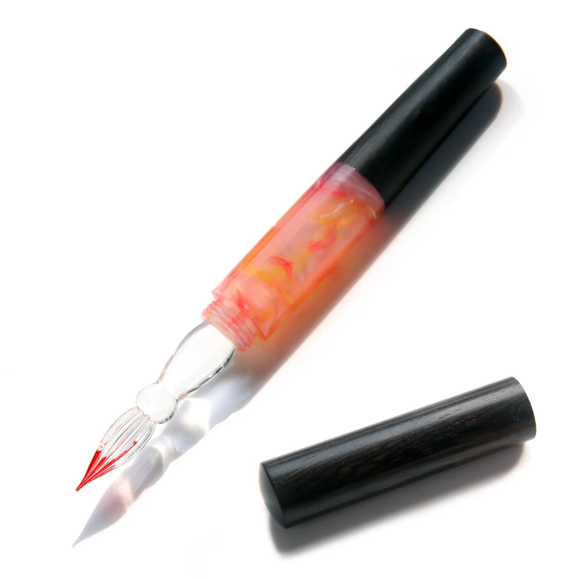 SeventyTwo 72 Handmade Glass Dip Pen, Glass Body & Wood Handle, Black-Pink Coral Design, Calligraphy Writing Pen with Cap, Art Supplies Recommendation, Office Stationery Writing Tool