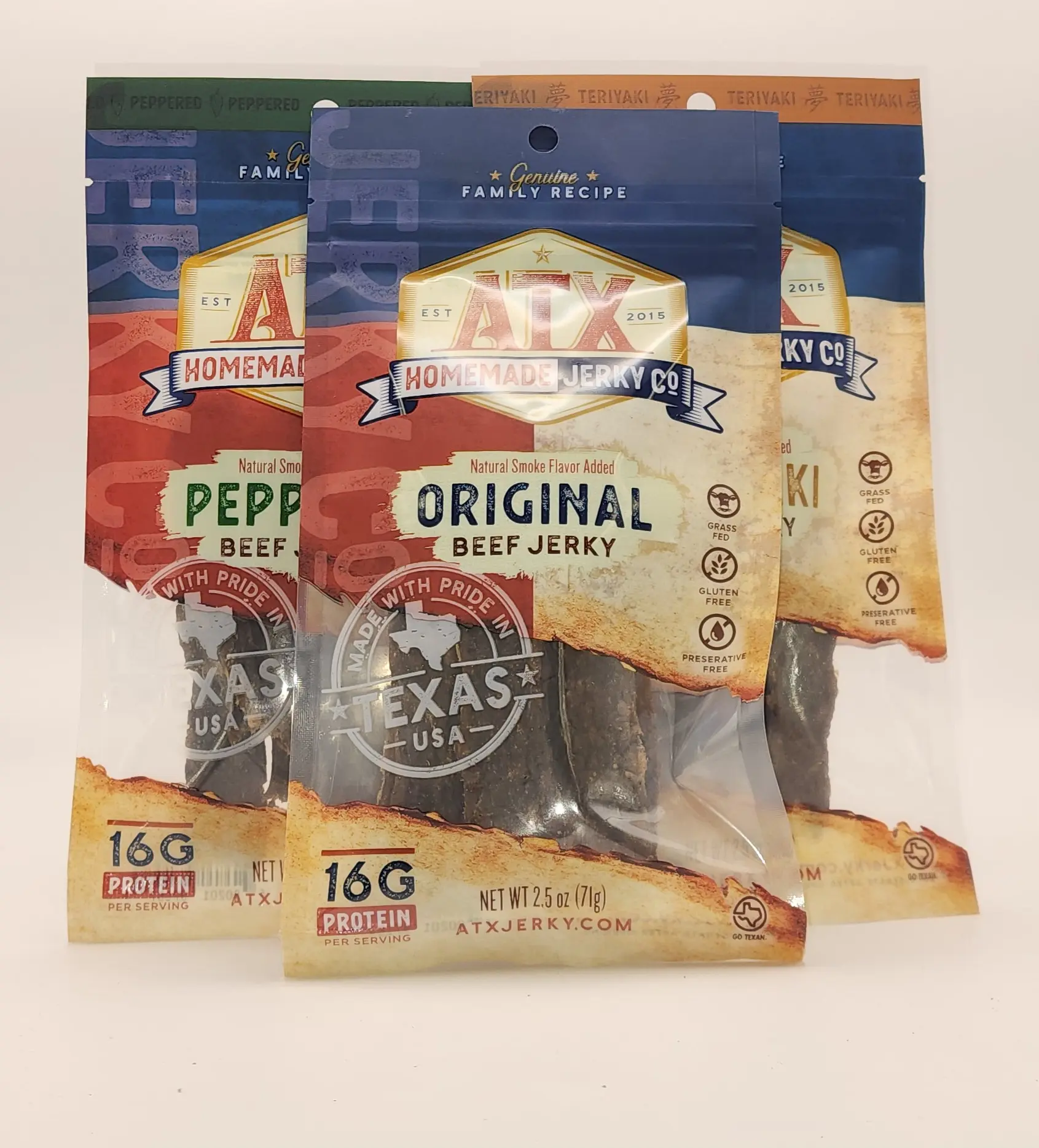 ATX Jerky Sampler Box - Texas Beef Jerky Variety Pack | Gourmet, All-Natural, Made in Texas, 3 Best Selling 2.5oz bags, High-Protein Snack