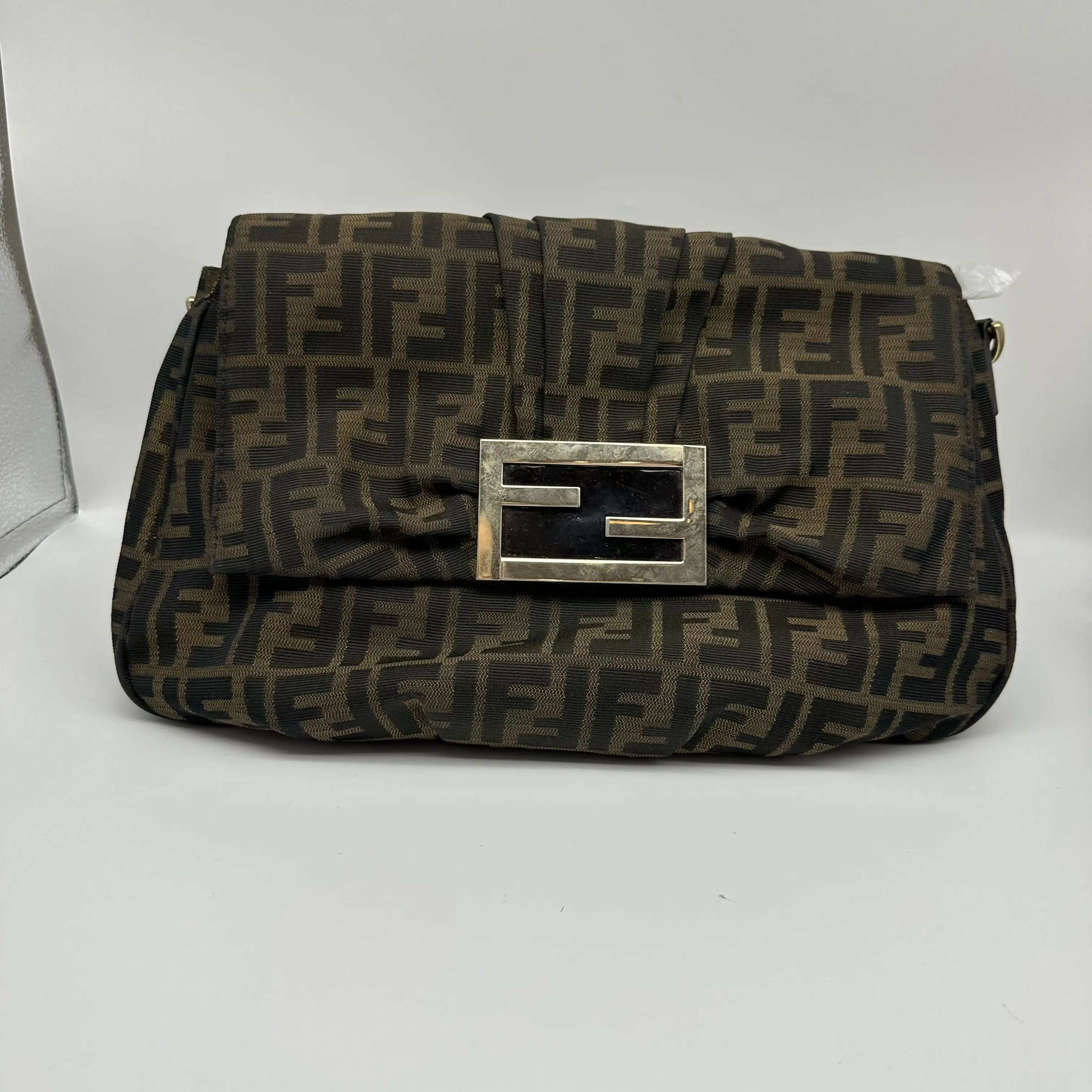 Pre-owned FENDI Leather "Zucca" FF Mamma Flap Shoulder Bag, Pre Loved Luxury Handbag