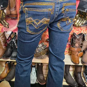 Centenario Men's Stretch Jeans in Navy Blue with Gold Embroidery and Classic Fit