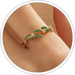 Adjustable Open Leaf Ring for Women, Dainty Stackable Eternity Band, Thin Alloy Fashion Ring