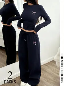 Women's Two-Piece Matching Set, Small Round Neck Long Sleeve Top, Straight Leg Pants, Bow Print, Drawstring Adjustable Design, Fit, Soft Comfortable Fabric