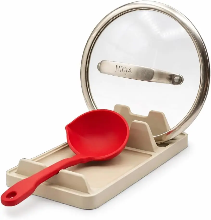 Spoon Rest with Lid Holder – Kitchen Utensil Holder & Pot Lid Stand with Drip Tray, Heat Resistant Countertop Organizer (BEIGE)