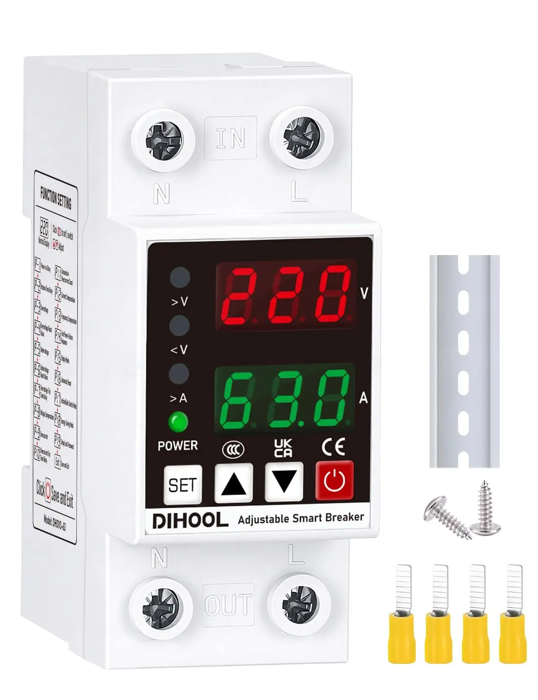 Smart Circuit Breaker with Adjustable Volta Protection, 70-200V Low and 140-300V High Cutoff, 1-63A Overcurrent Protector, AC Disconnect Switch, DIN Rail Mount