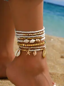 Women's Fashionable Boho Style Summer Beach Shell Starfish Anklet Set, Glass Bead Chain Jewelry, Versatile Footwear Accessory