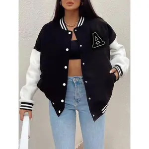 Women's Letter Patched Long Sleeve Collared Jacket, Jackets for Women, Sports Jacket, Lady Button Front Varsity Jacket, Preppy Casual Mock Neck Outerwear, Cozy Fall Outfits, Womenswear Casual Jacket Downtown Girl Clothes, Coat for Women Aut