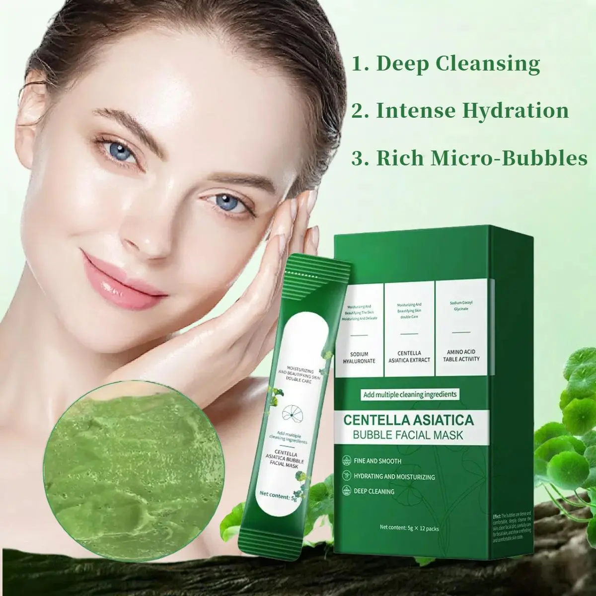 Centella Asiatica Bubble Facial Mask - Single Item Hydrating, Soothing Skincare Treatment, 60ml, Cleansing, Daily Use, Hydration, Silicone, Bubblemask 1 Box, Oily Skin, Centella Extract, 12 Pcs, Deep Cleanse, Hydroxyethyl Cellulose, Acrylic Acid